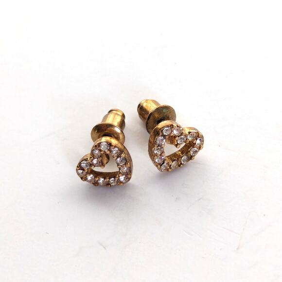 Vintage Pink Rhinestone Cute Dainty Heart and Bow Feminine Stud Post Earrings - Picture 2 of 4